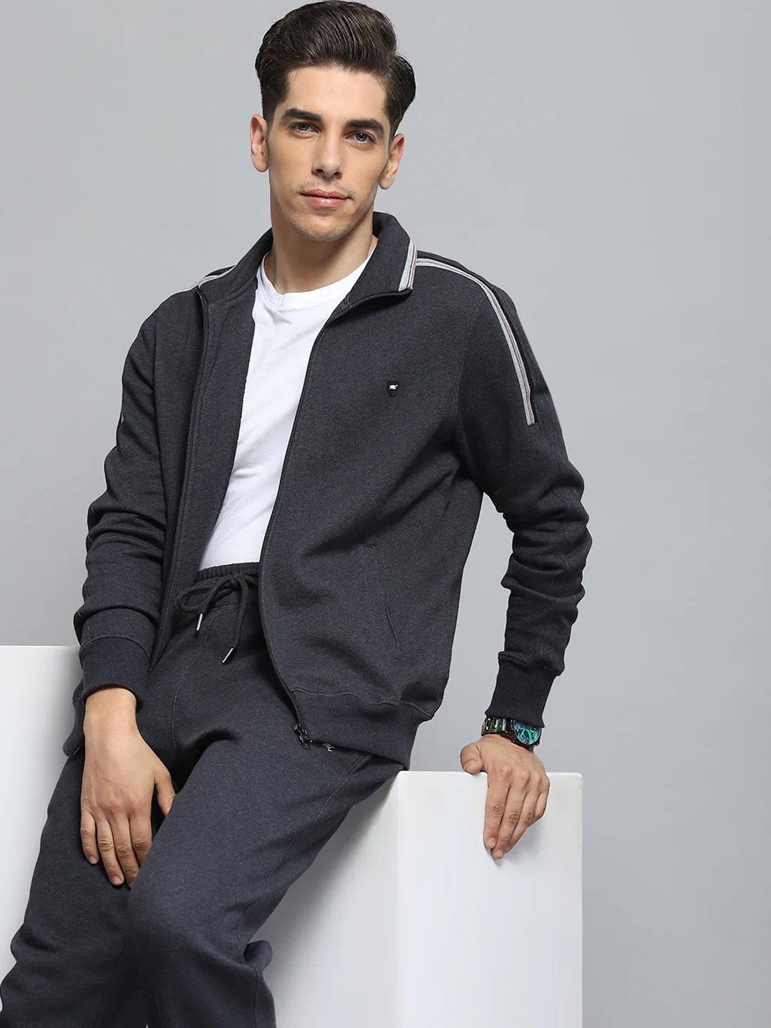 Men Charcoal Solid Mock Neck Full Sleeve Winter Tracksuit - Image 6