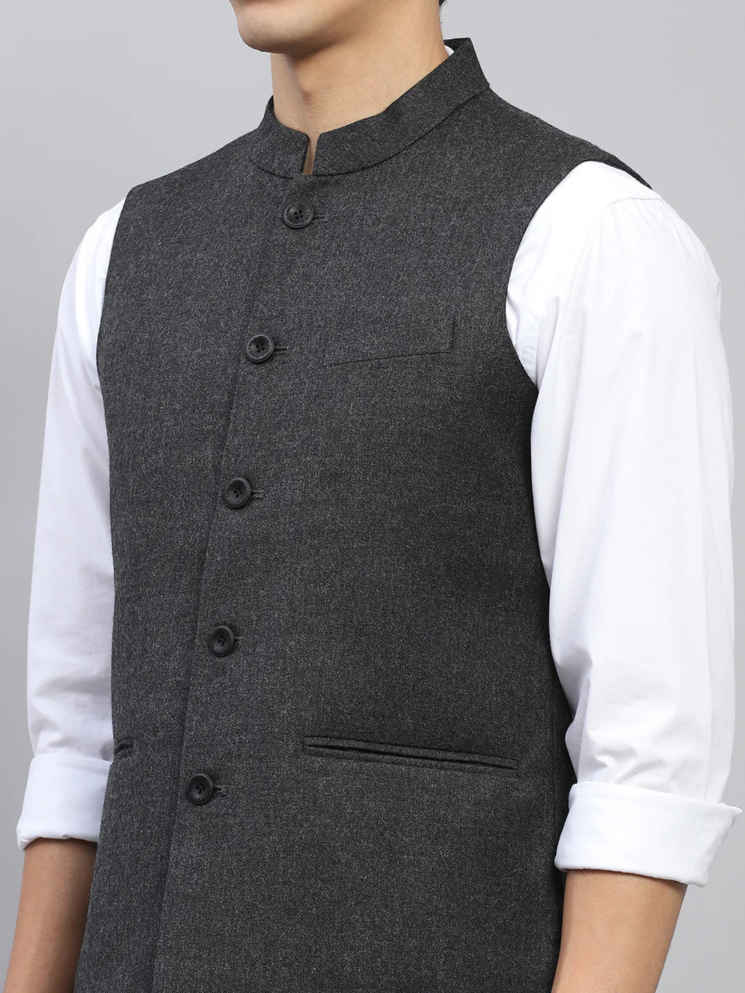 Men Charcoal Solid Mock Neck Sleeveless Jacket - Image 6