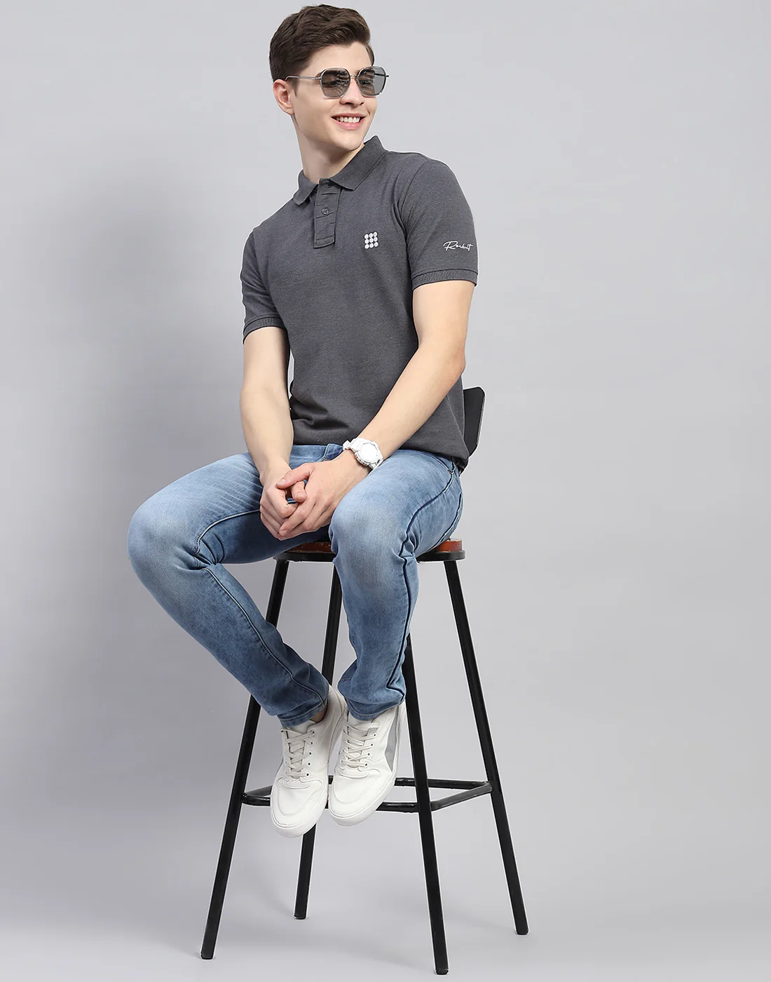 Rock.it Men Charcoal Solid Polo Collar Half Sleeve T-Shirt - Image 2
