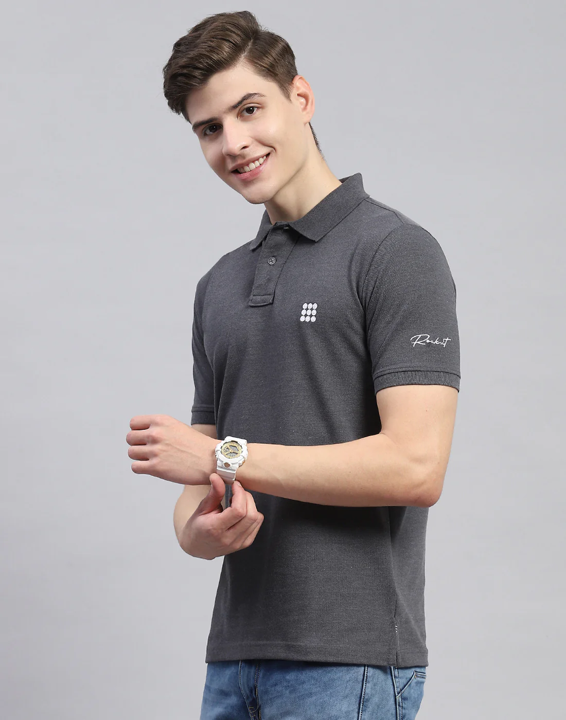 Rock.it Men Charcoal Solid Polo Collar Half Sleeve T-Shirt - Image 3