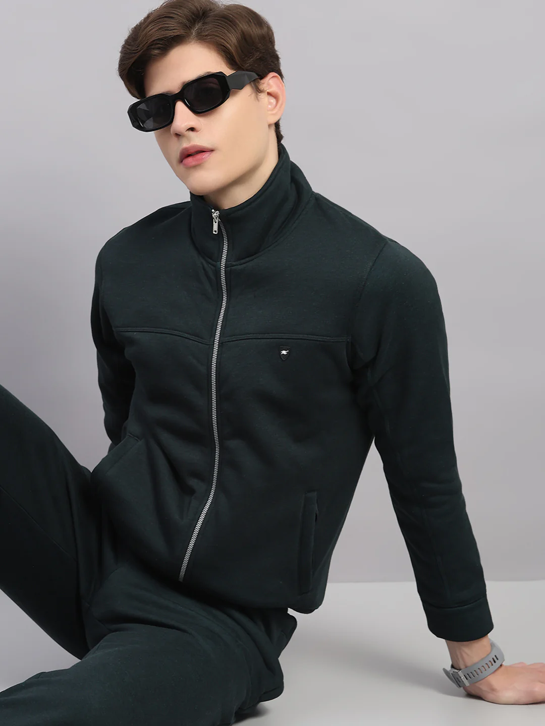 Men Olive Solid Stand Collar Full Sleeve Winter Tracksuit - Image 6