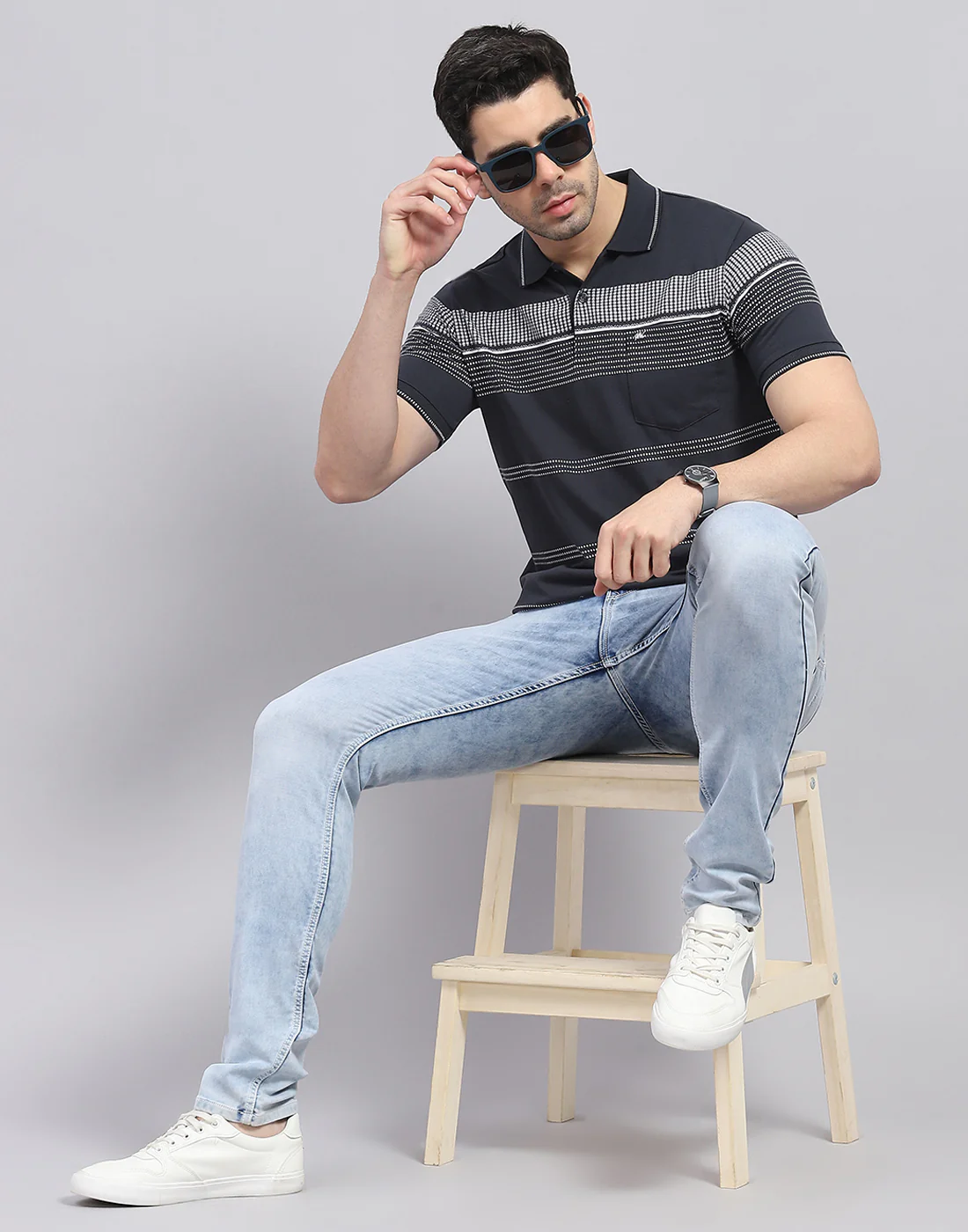 Men Charcoal Stripe Polo Collar Half Sleeve T-Shirt - Image 2