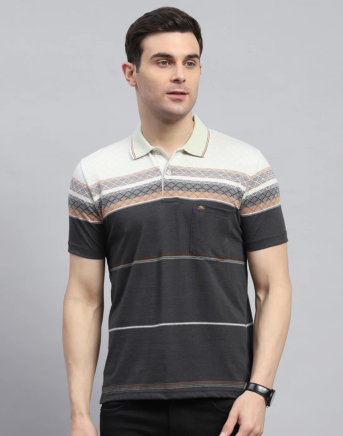 Men Charcoal Stripe Polo Collar Half Sleeve T-Shirt - Image 3