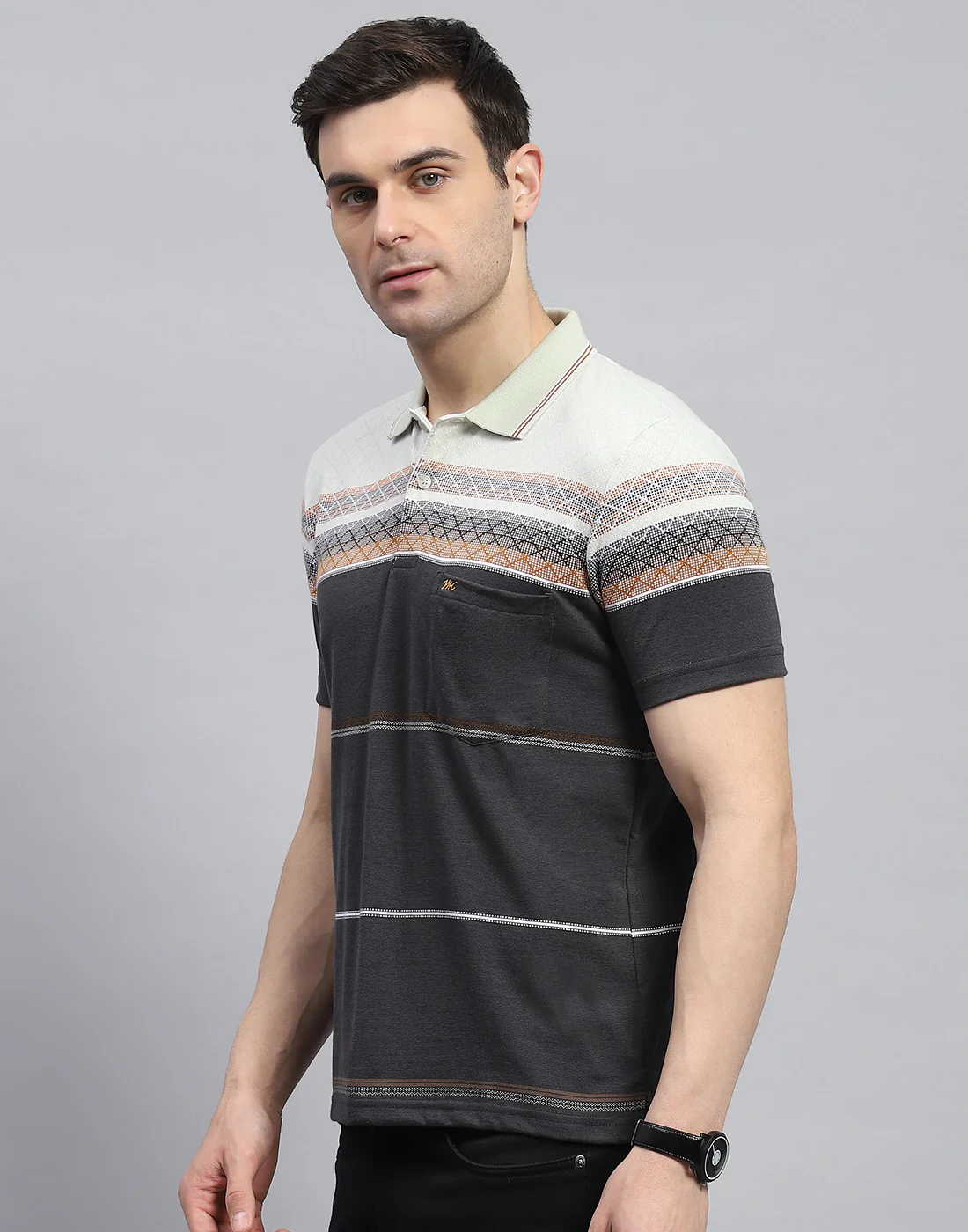 Men Charcoal Stripe Polo Collar Half Sleeve T-Shirt - Image 4