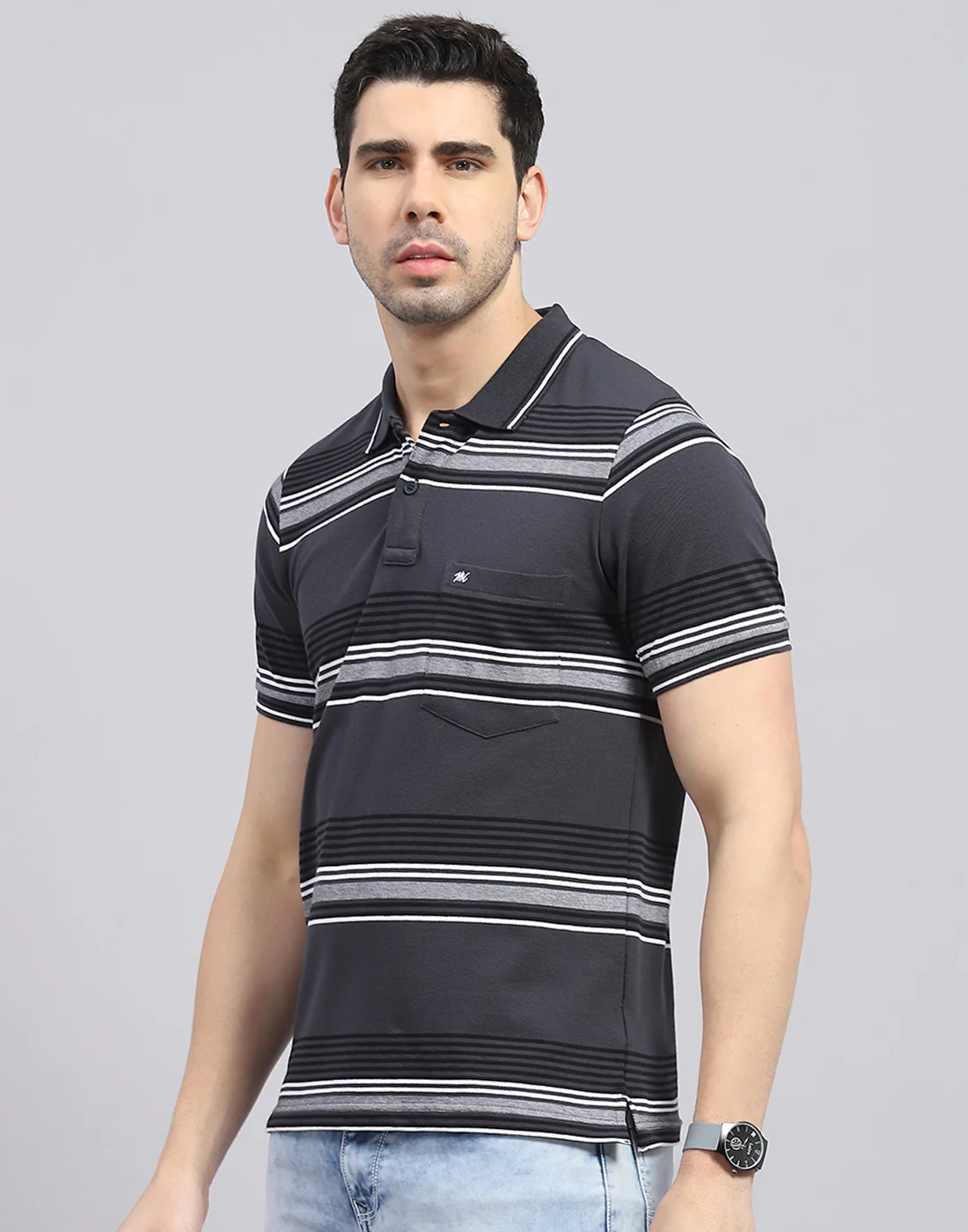 Men Charcoal Stripe Polo Collar Half Sleeve T-Shirt - Image 3