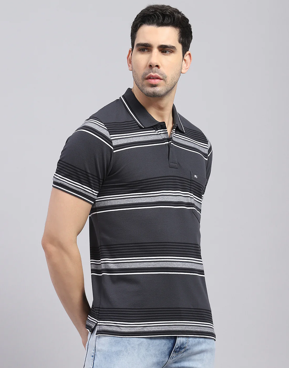Men Charcoal Stripe Polo Collar Half Sleeve T-Shirt - Image 4