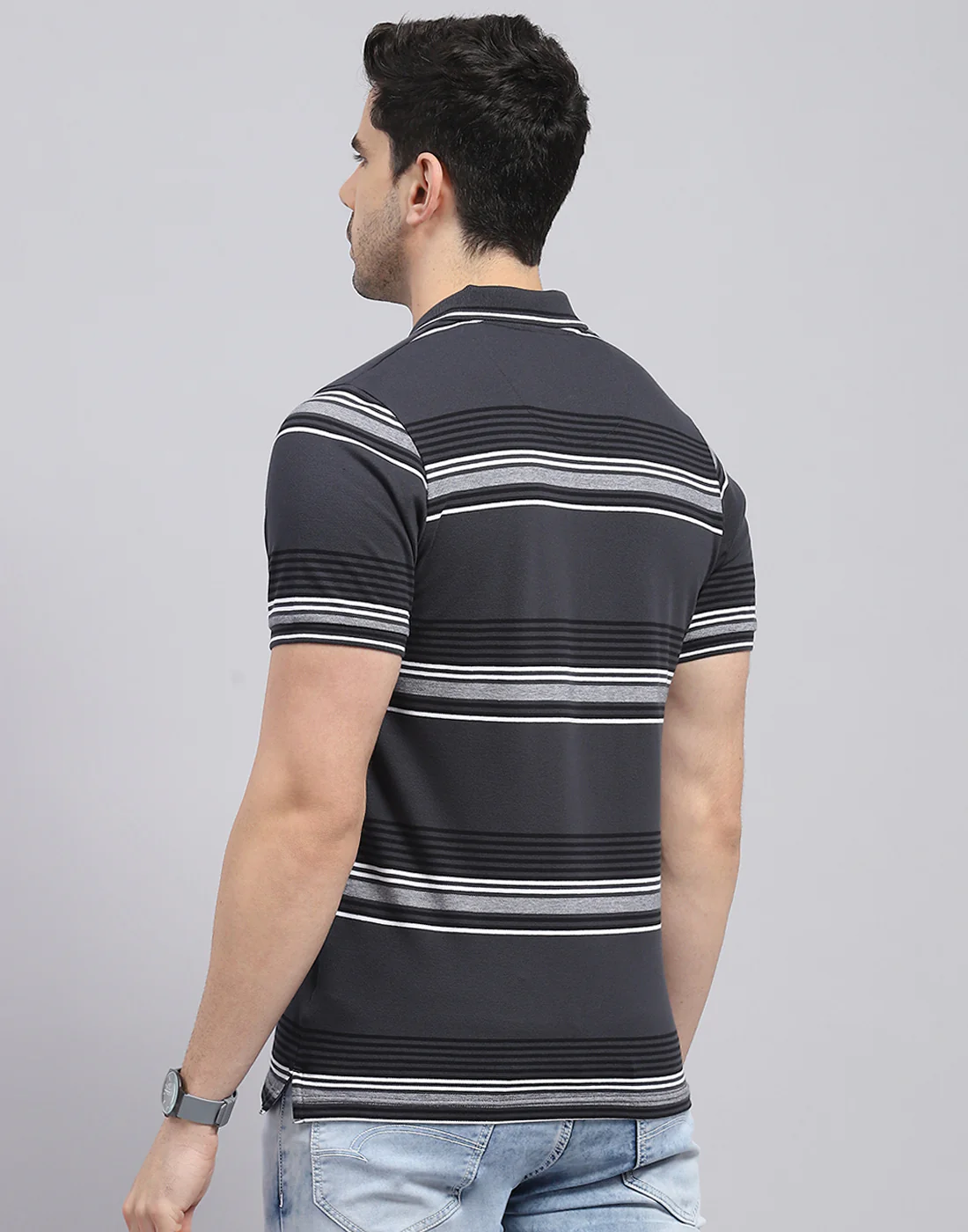 Men Charcoal Stripe Polo Collar Half Sleeve T-Shirt - Image 5