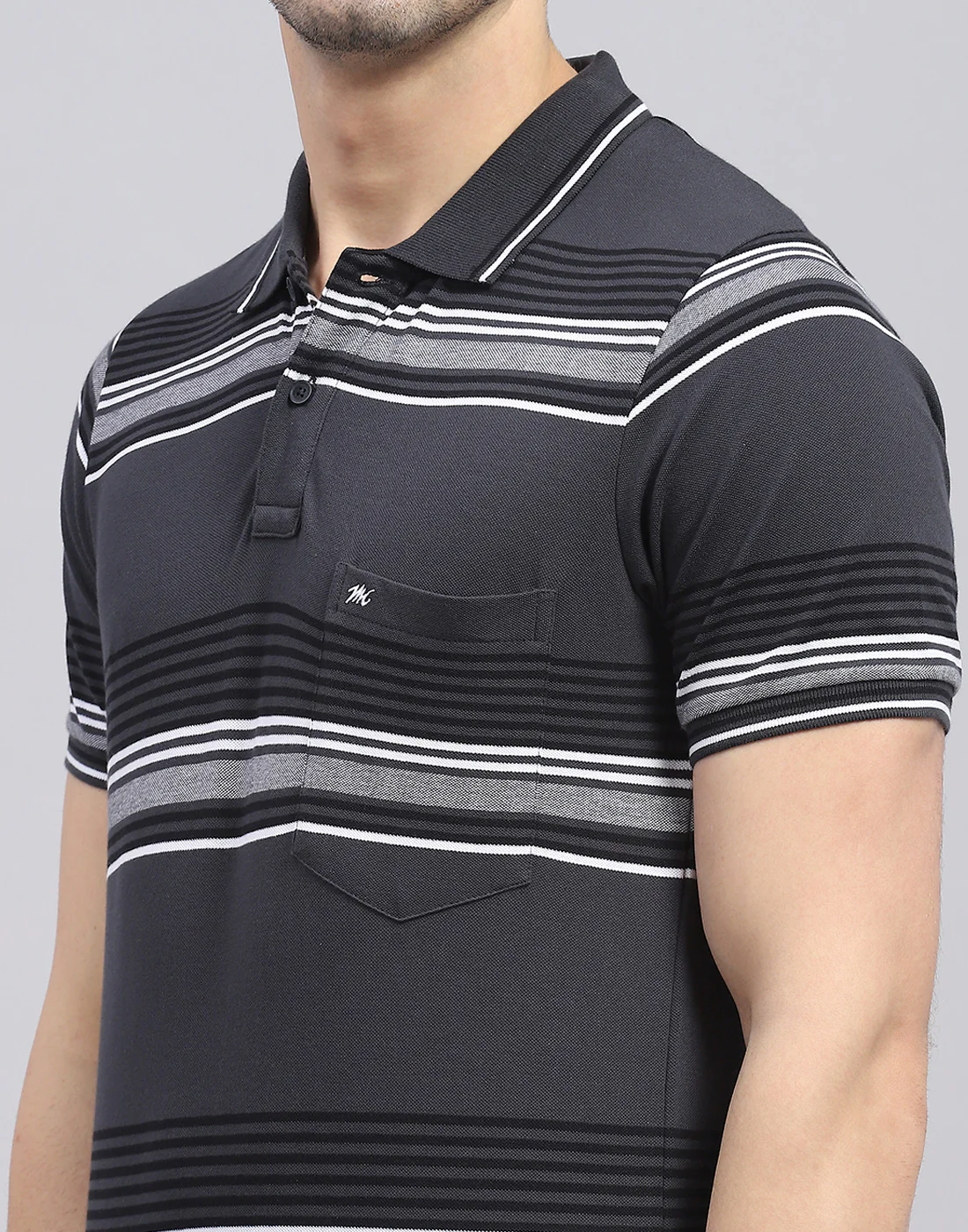 Men Charcoal Stripe Polo Collar Half Sleeve T-Shirt - Image 6