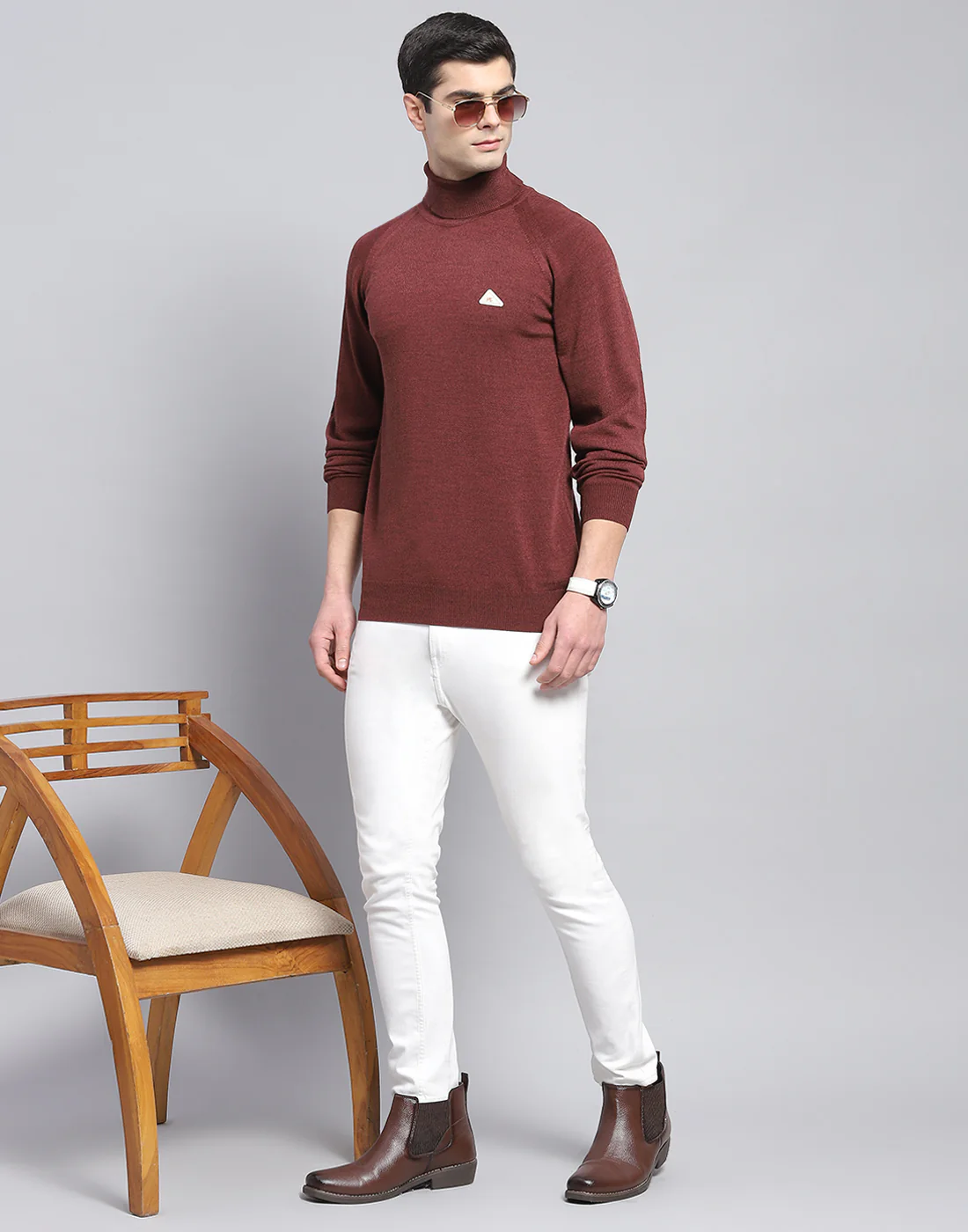Men Coffee Brown Solid High Neck Full Sleeve Pullover - Image 2