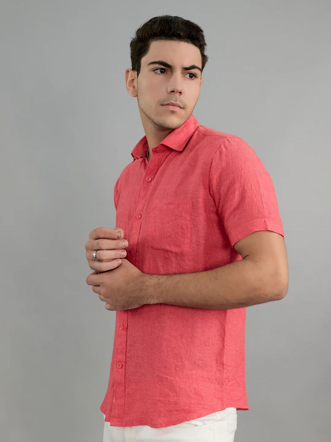 Men Coral Solid Collar Half Sleeve Shirt - Image 2