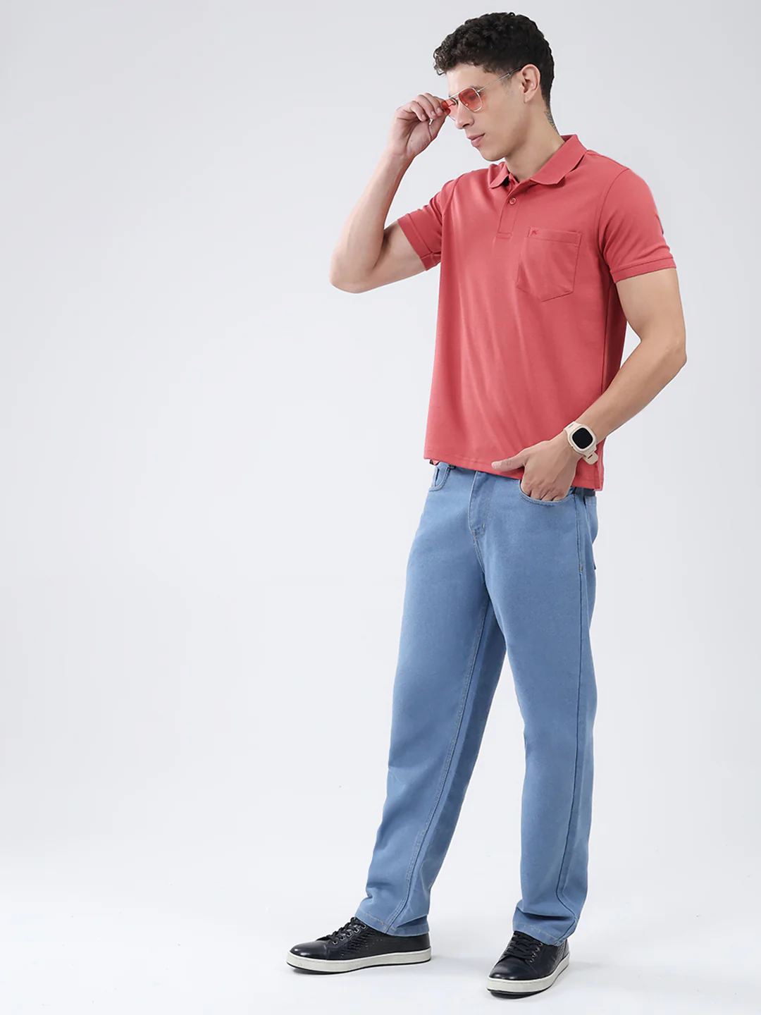 Men Coral Solid Collar Half Sleeve T-Shirt - Image 2