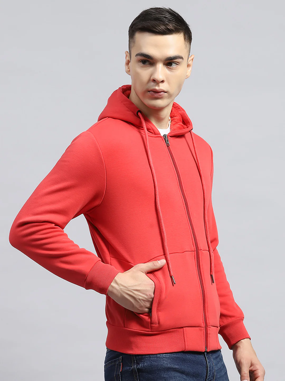 Men Coral Solid Hooded Full Sleeve Sweatshirt - Image 4
