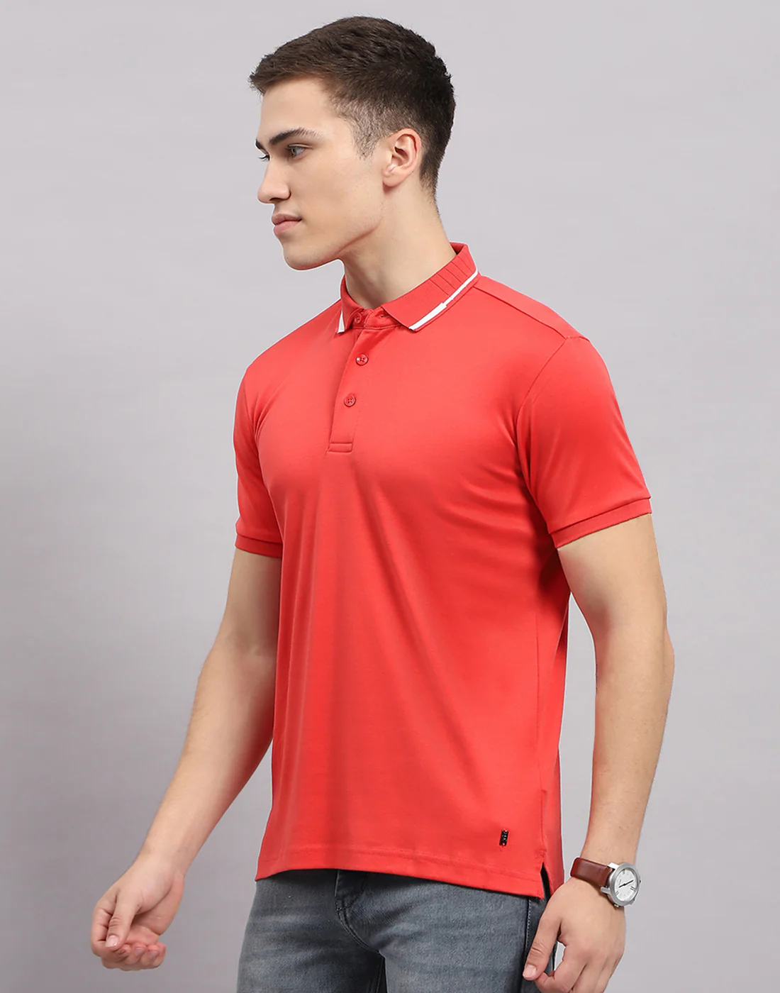 Men Coral Solid Polo Collar Half Sleeve T-Shirt - Image 3