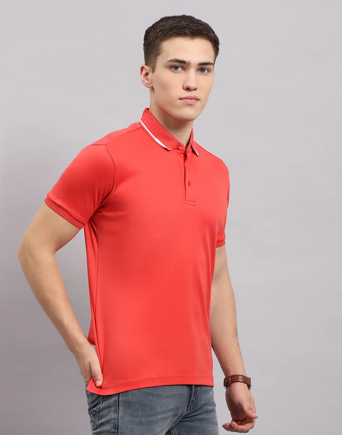 Men Coral Solid Polo Collar Half Sleeve T-Shirt - Image 4