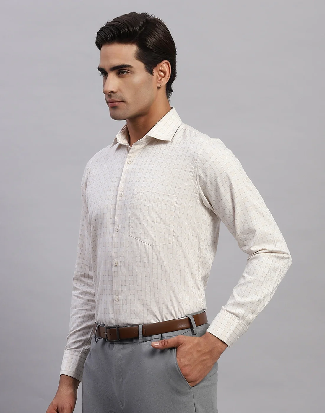 Men Cream Check Collar Full Sleeve Shirt - Image 3