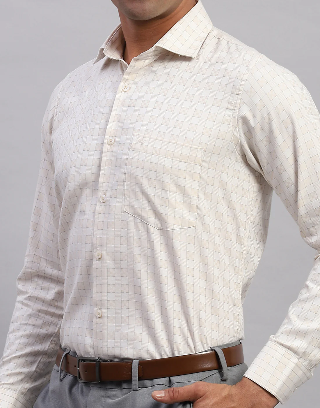 Men Cream Check Collar Full Sleeve Shirt - Image 6