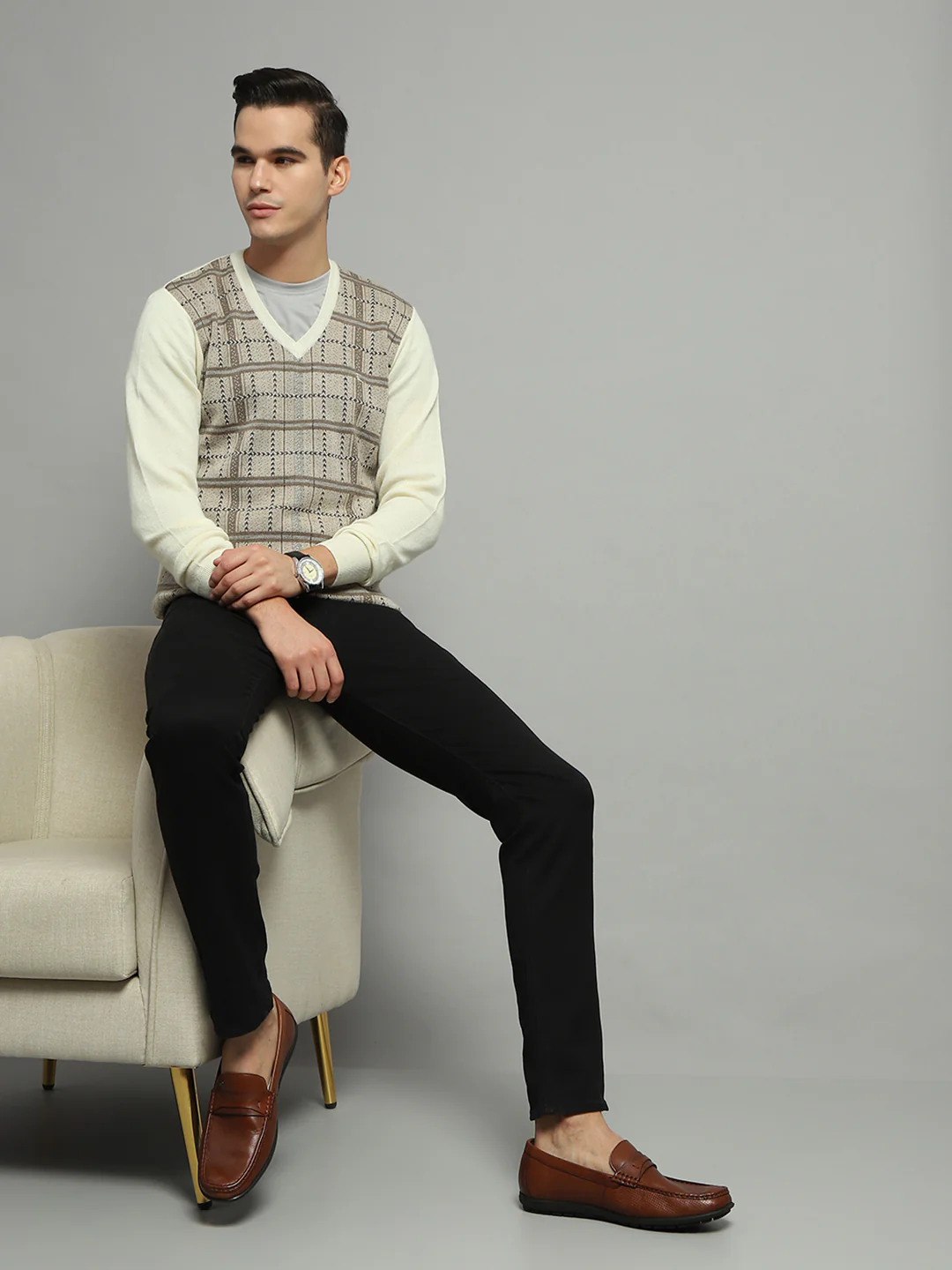 Luxuria Men Cream Check V Neck Full Sleeve Pullover - Image 2