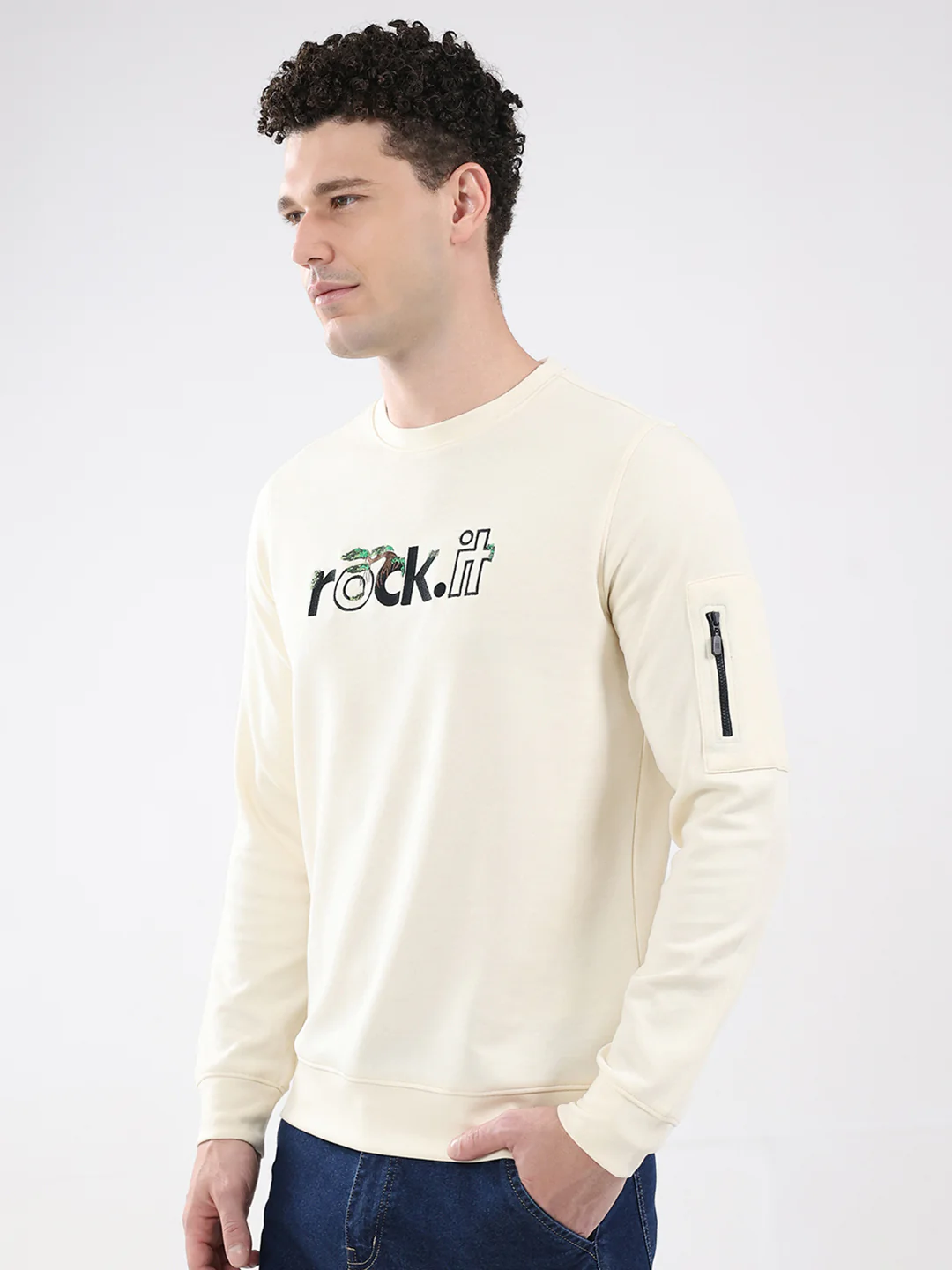 Rock.it Men Cream Embroidered Round Neck Full Sleeve Sweatshirt - Image 3