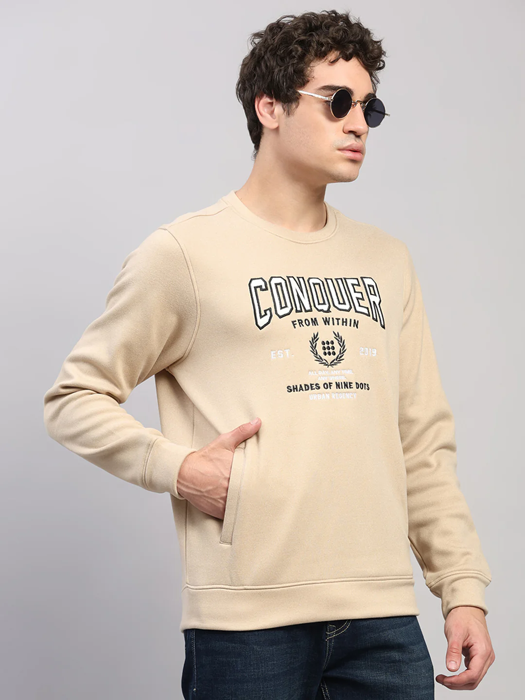 Rock.it Men Cream Embroidered Round Neck Full Sleeve Sweatshirt - Image 4