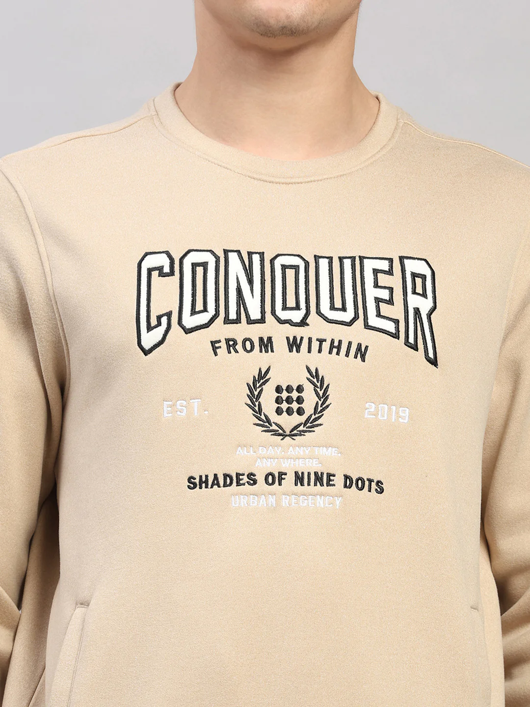 Rock.it Men Cream Embroidered Round Neck Full Sleeve Sweatshirt - Image 6