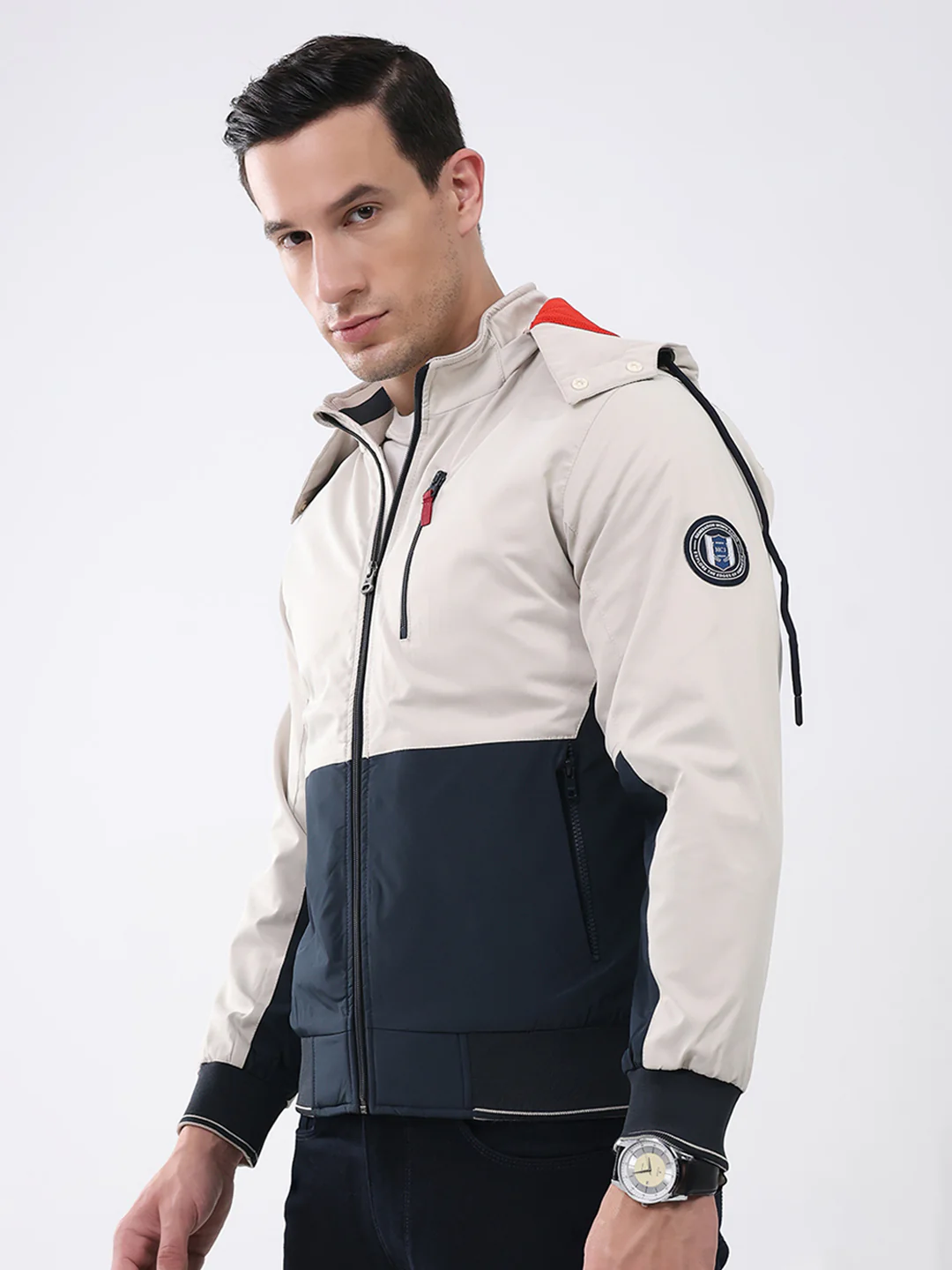Men Cream & Navy Blue Solid Detachable Hood Full Sleeve Jacket - Image 3