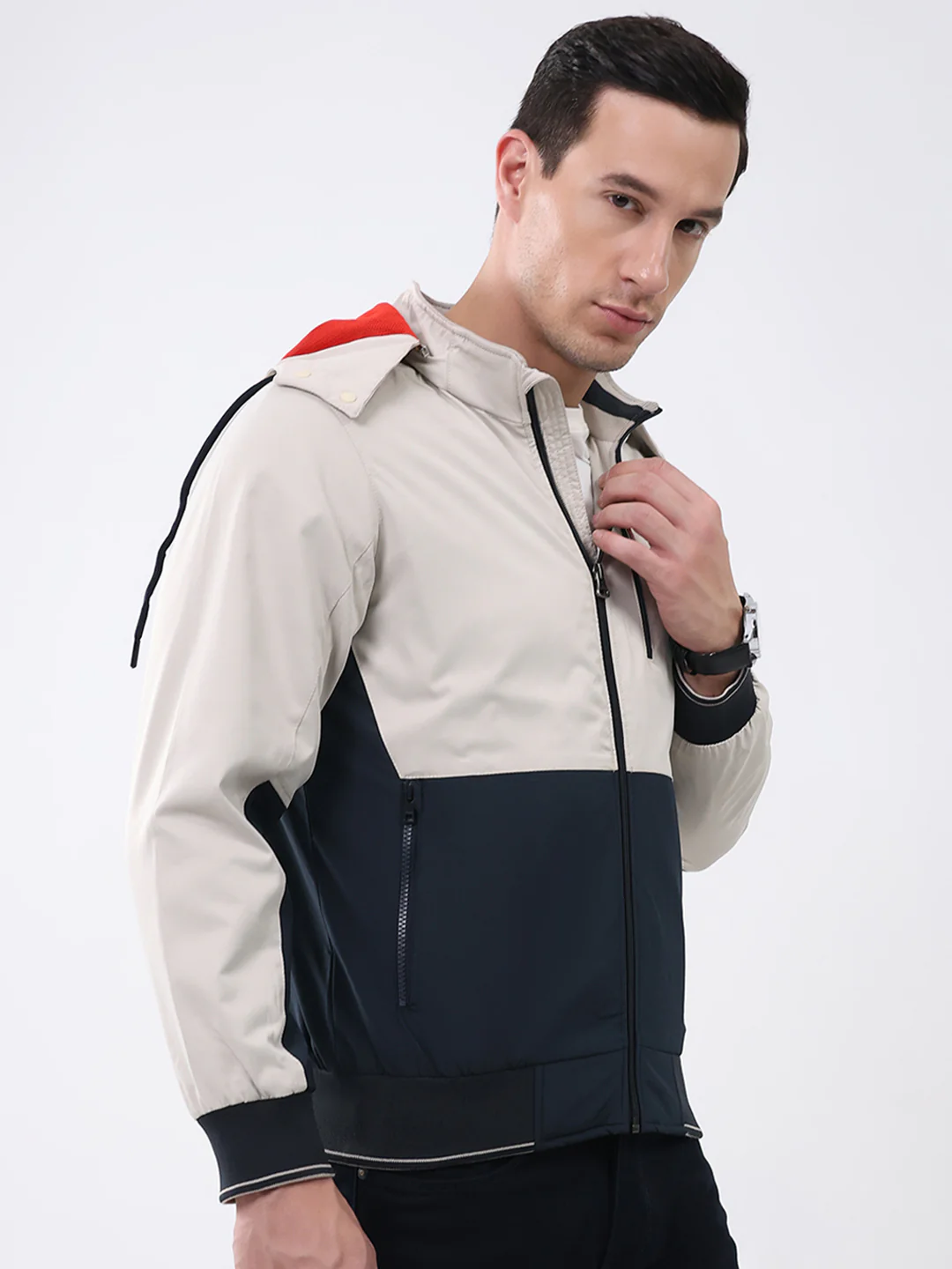 Men Cream & Navy Blue Solid Detachable Hood Full Sleeve Jacket - Image 4