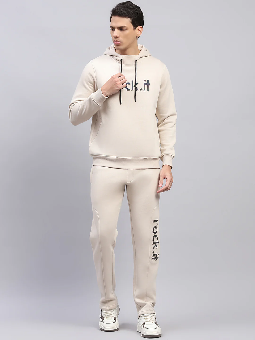 Rock.it Men Cream Printed Hooded Full Sleeve Winter Tracksuit