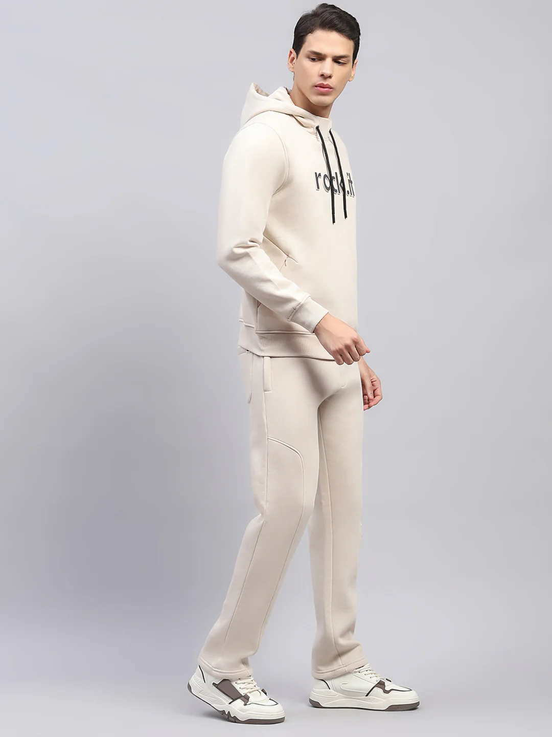 Rock.it Men Cream Printed Hooded Full Sleeve Winter Tracksuit - Image 4