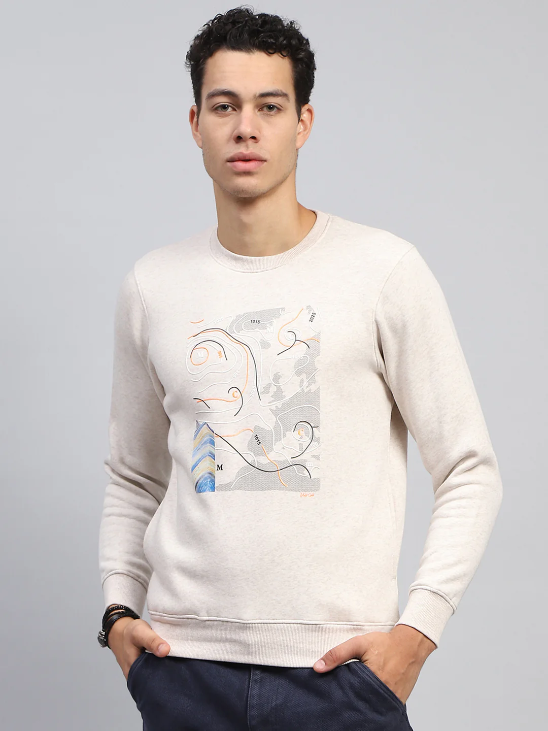 Men Cream Printed Round Neck Full Sleeve Sweatshirt