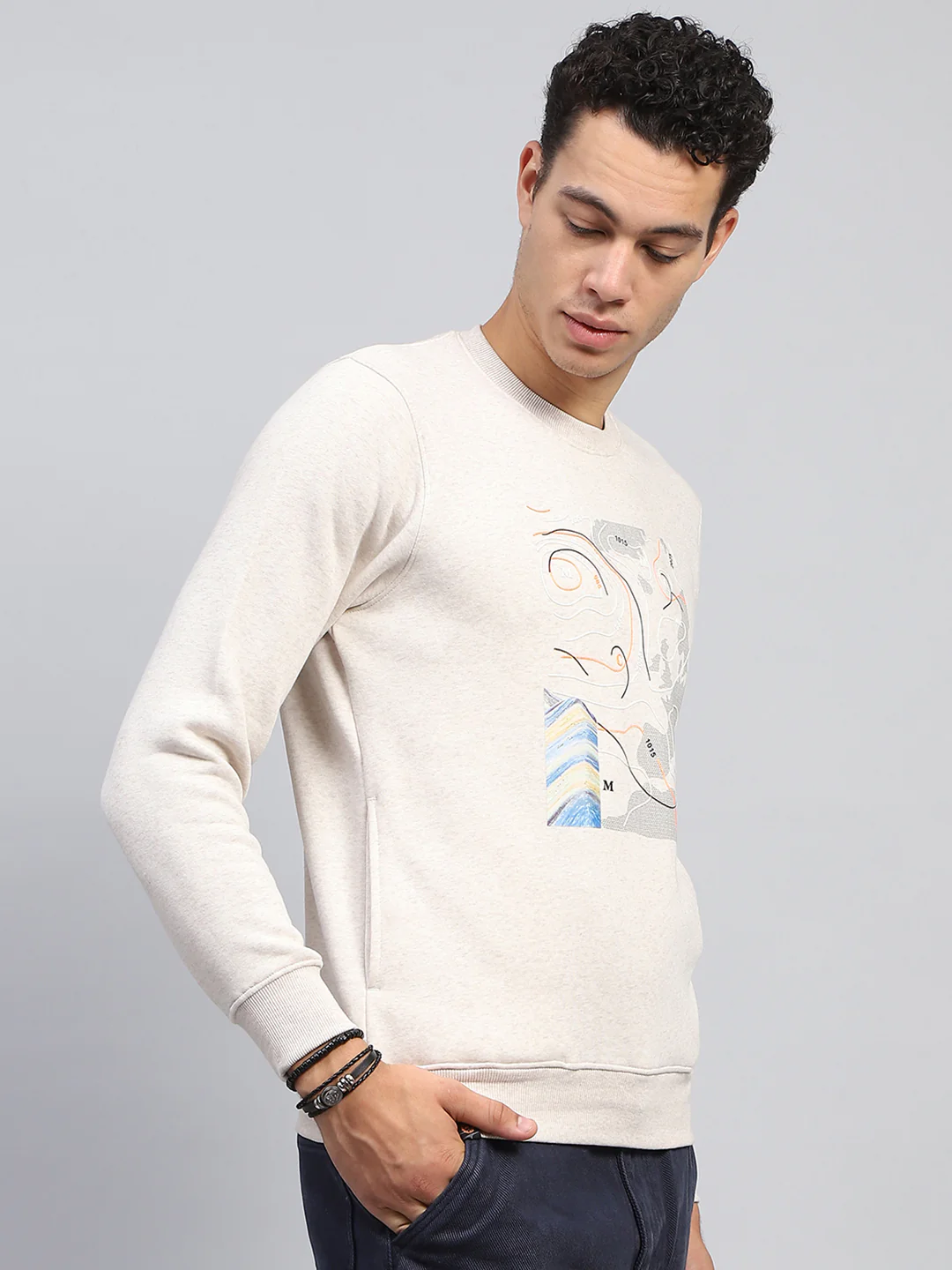 Men Cream Printed Round Neck Full Sleeve Sweatshirt - Image 4