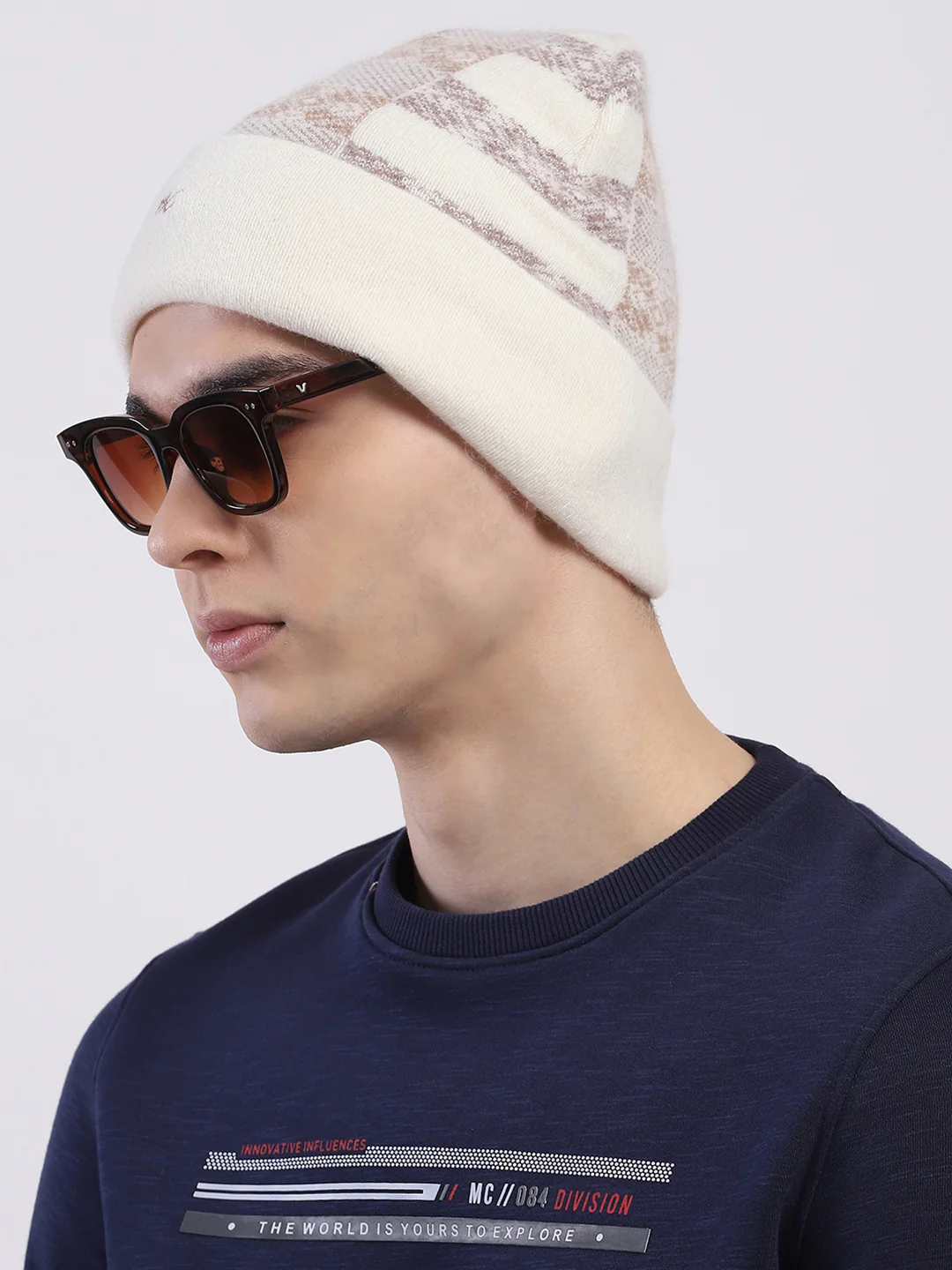 Men Cream Self Design Angoora Cap - Image 3