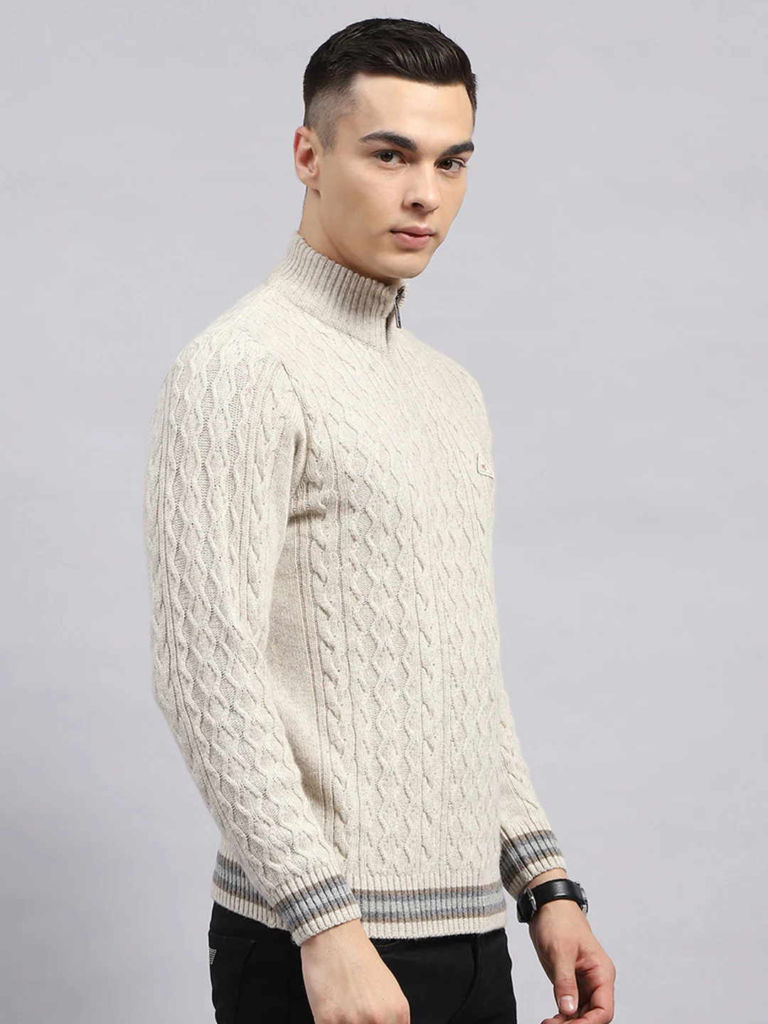 Men Cream Self Design High Neck Full Sleeve Pullover - Image 4