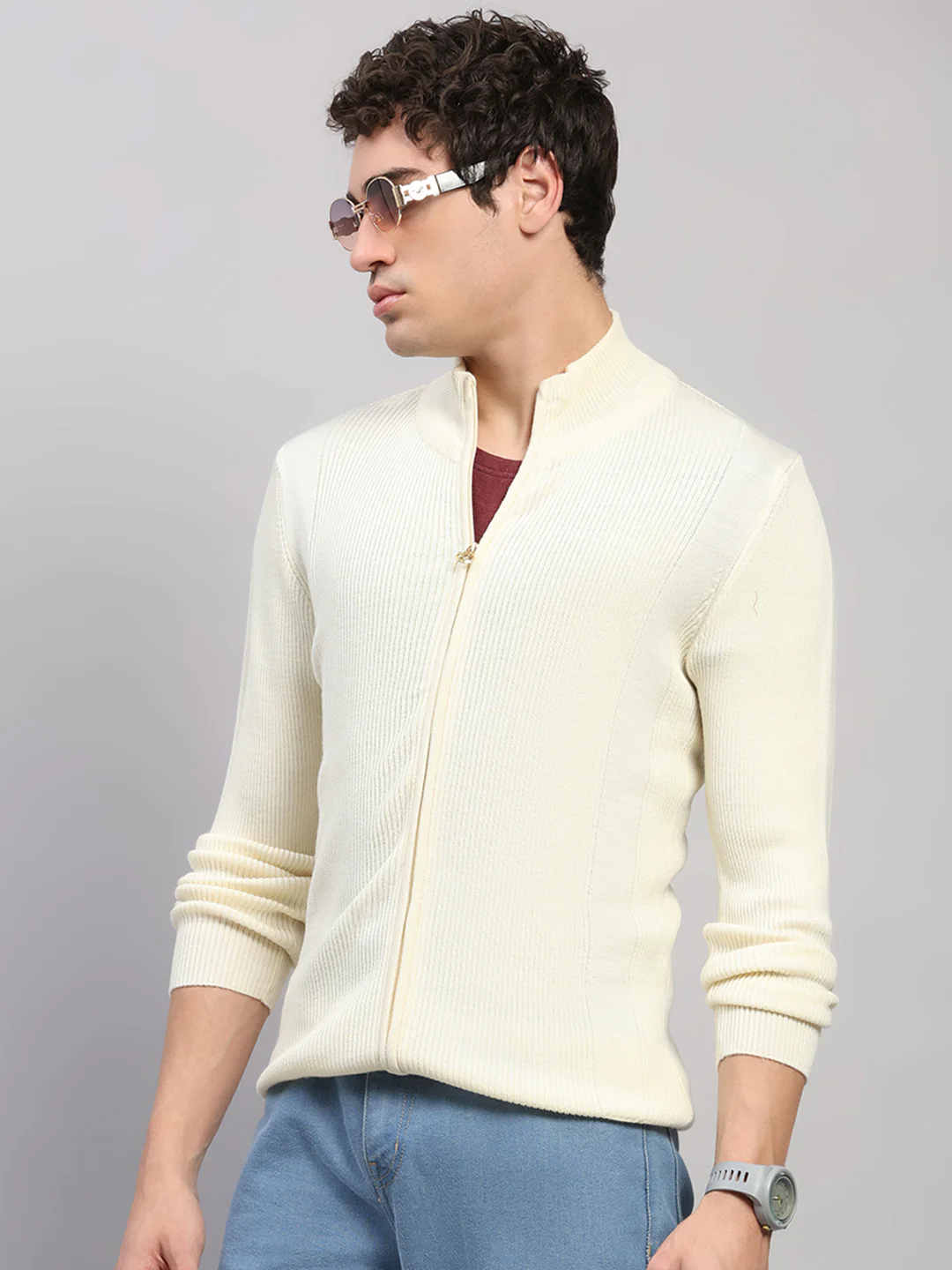 Luxuria Men Cream Self Design Round Neck Full Sleeve Pullover - Image 3