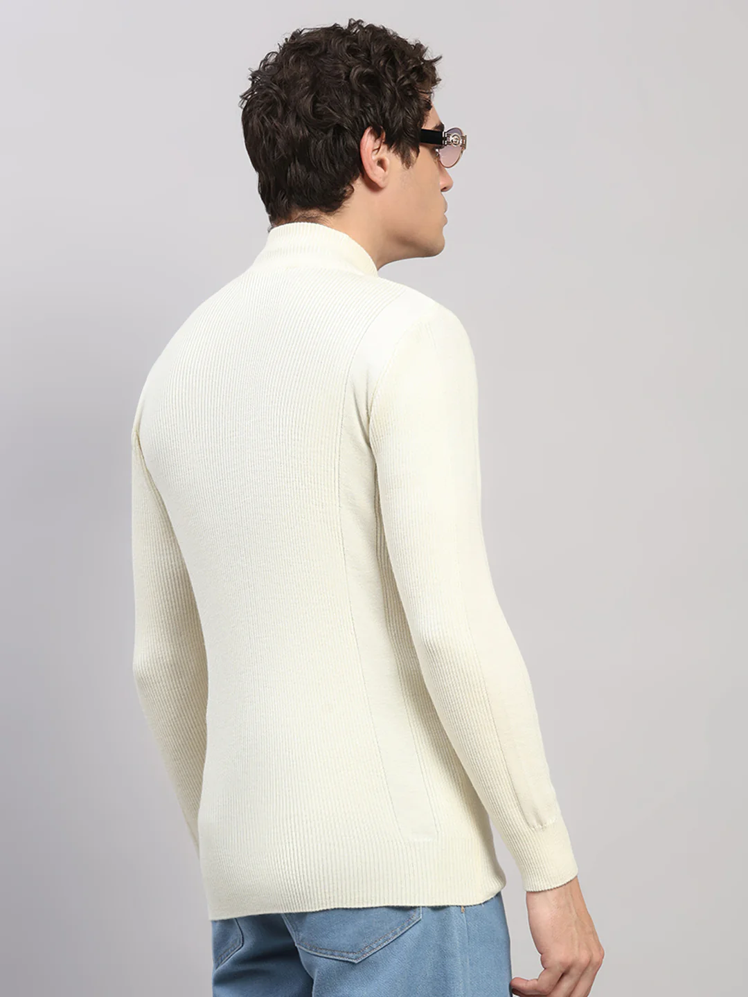 Luxuria Men Cream Self Design Round Neck Full Sleeve Pullover - Image 5