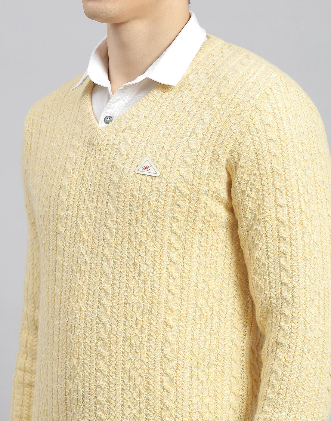 Men Cream Self Design V Neck Full Sleeve Pullover - Image 6