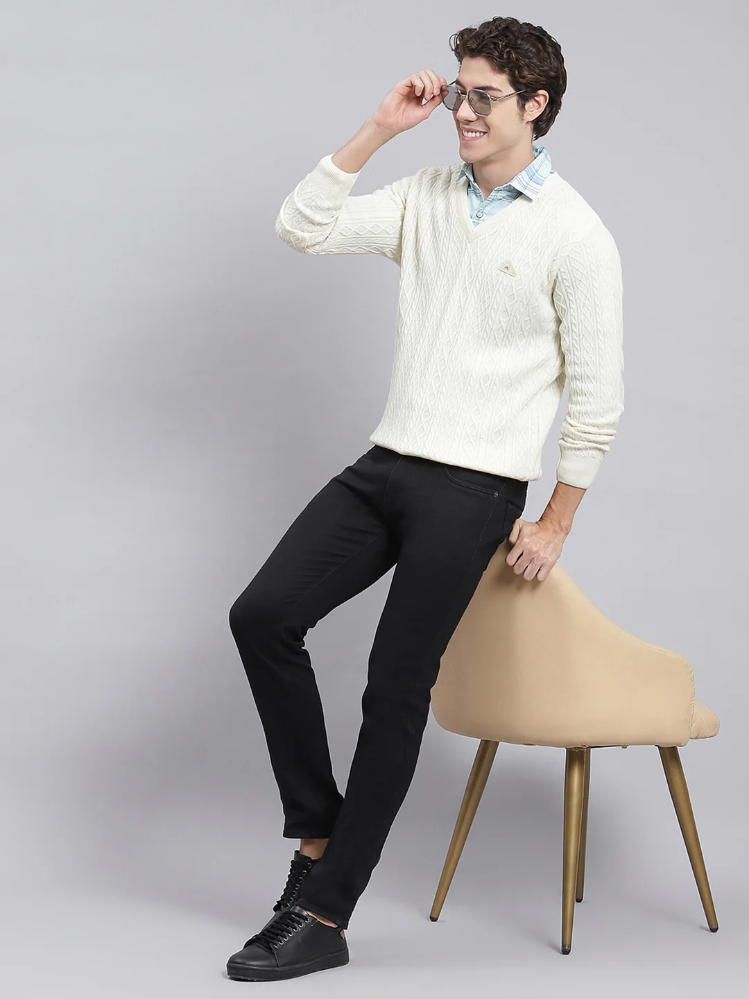 Men Cream Self Design Wool blend Pullover - Image 5