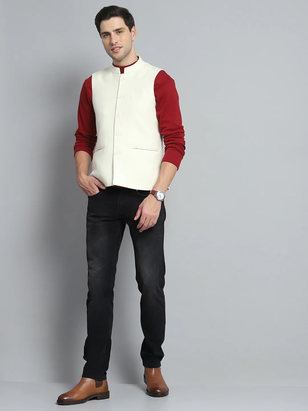Men Cream Solid Band Collar Sleeveless Nehru Jacket - Image 2