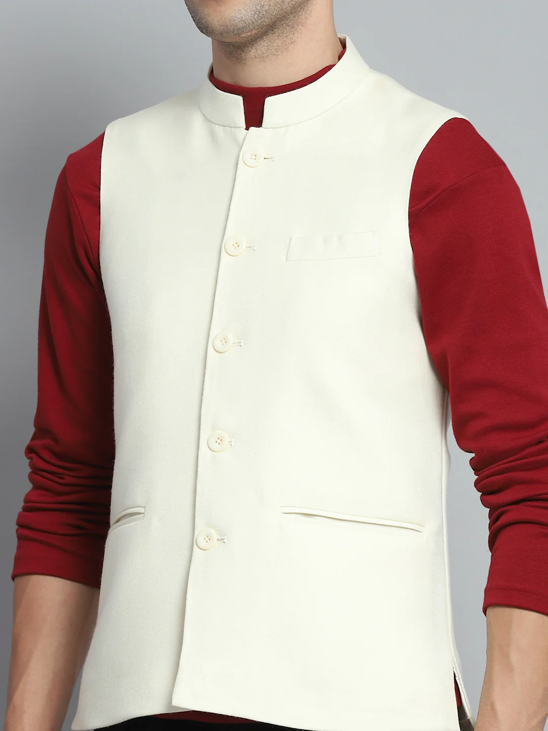Men Cream Solid Band Collar Sleeveless Nehru Jacket - Image 6