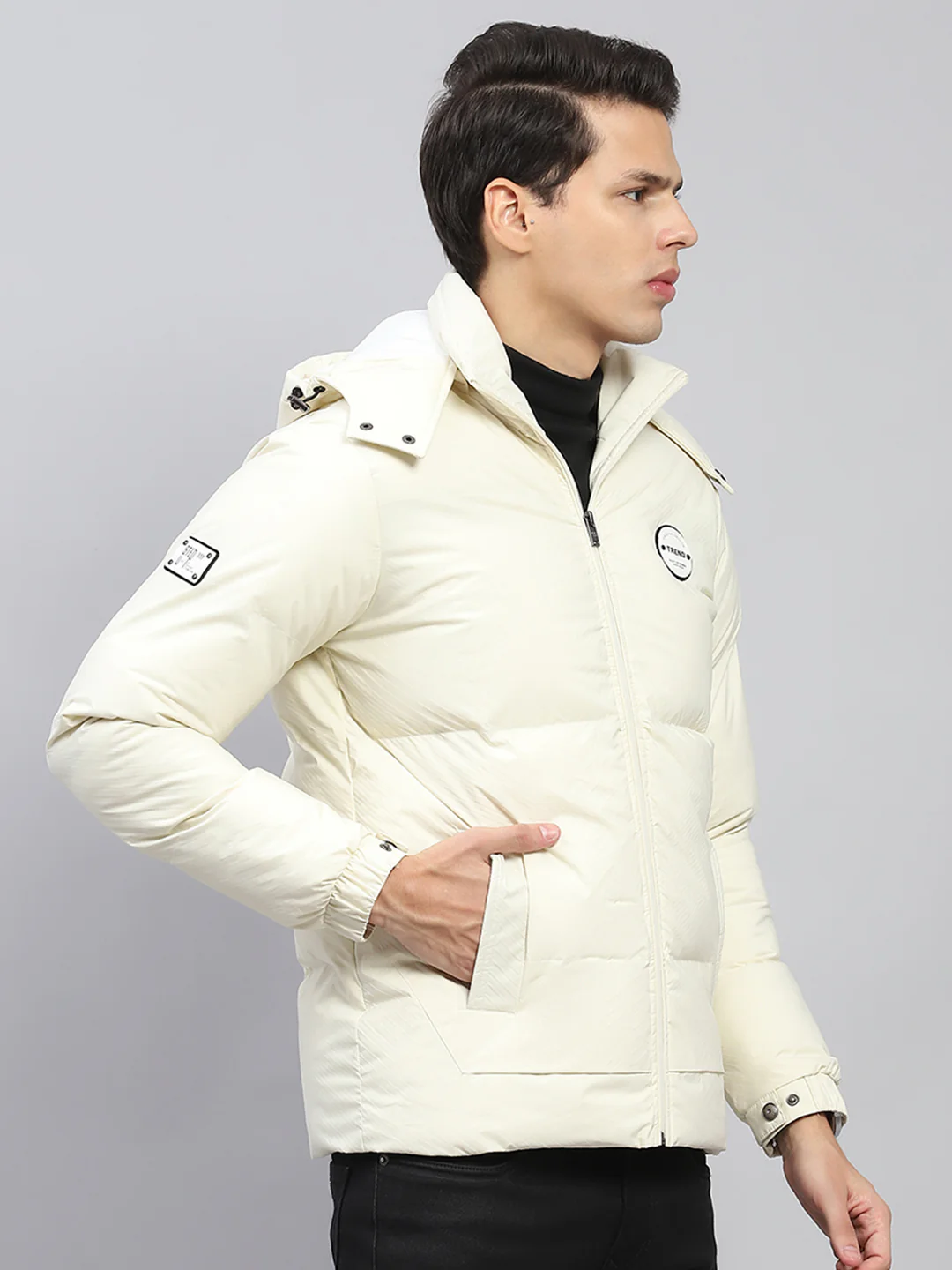 Men Cream Solid Detachable Hood Full Sleeve Jacket - Image 4