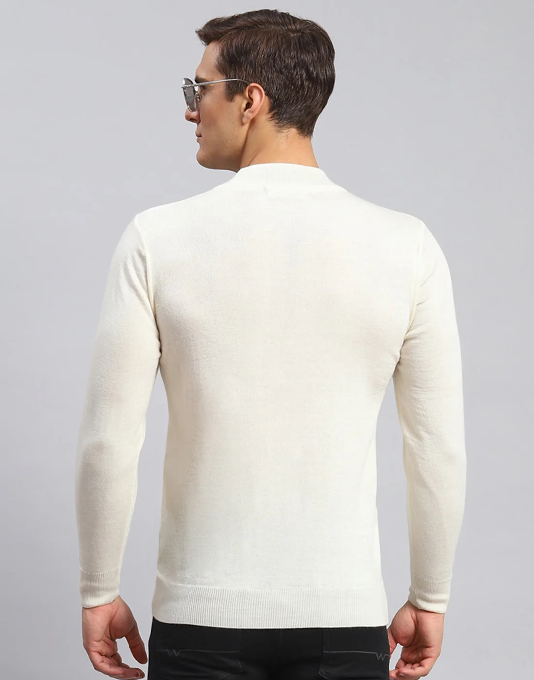 Men Cream Solid High Neck Full Sleeve Pullover - Image 5