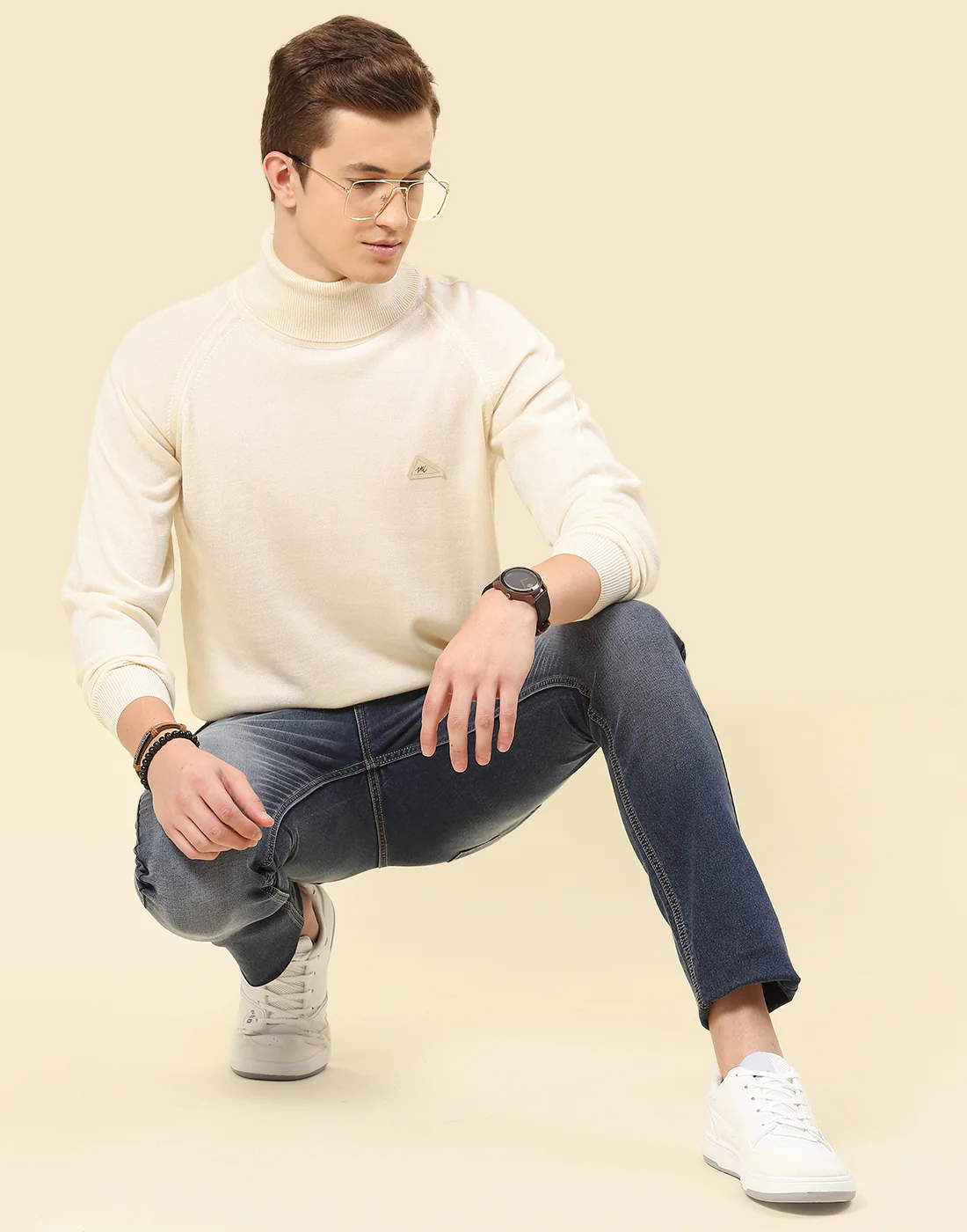 Men Cream Solid High Neck Full Sleeve Pullover - Image 2