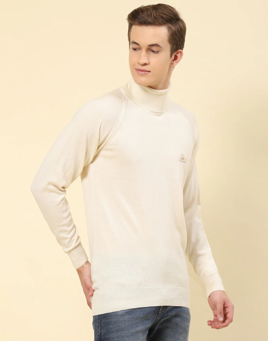 Men Cream Solid High Neck Full Sleeve Pullover - Image 4