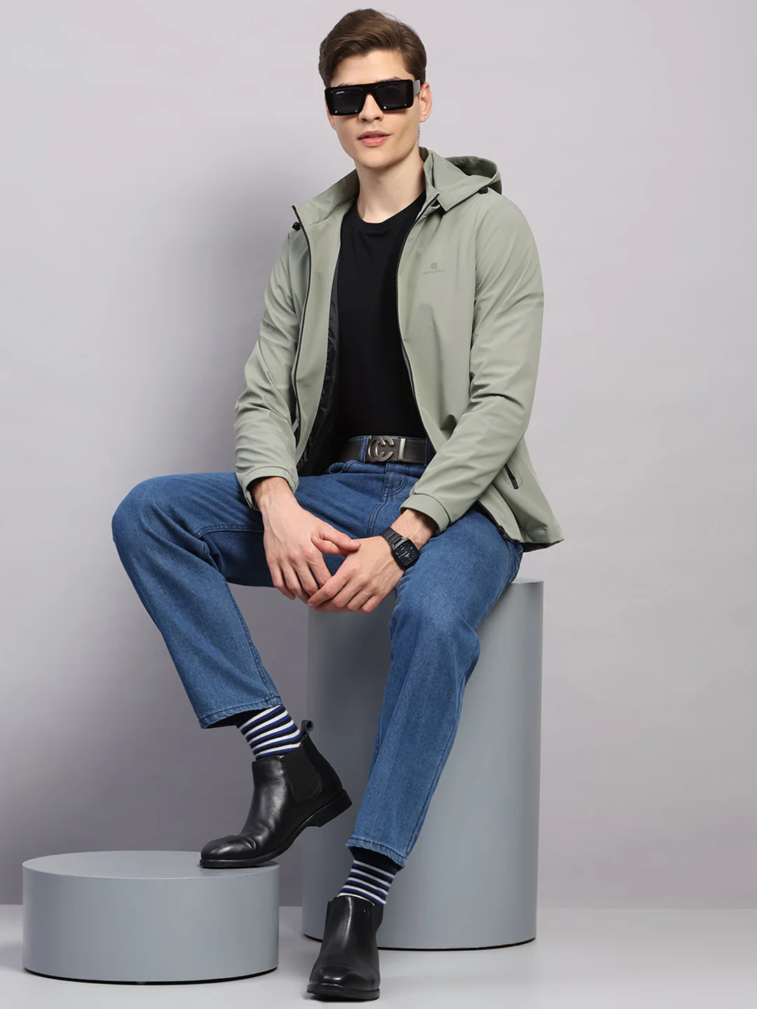Men Cream Solid Hooded Full Sleeve Jacket - Image 2