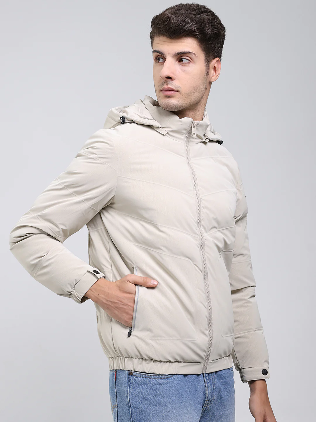 Men Cream Solid Hooded Full Sleeve Jacket - Image 4