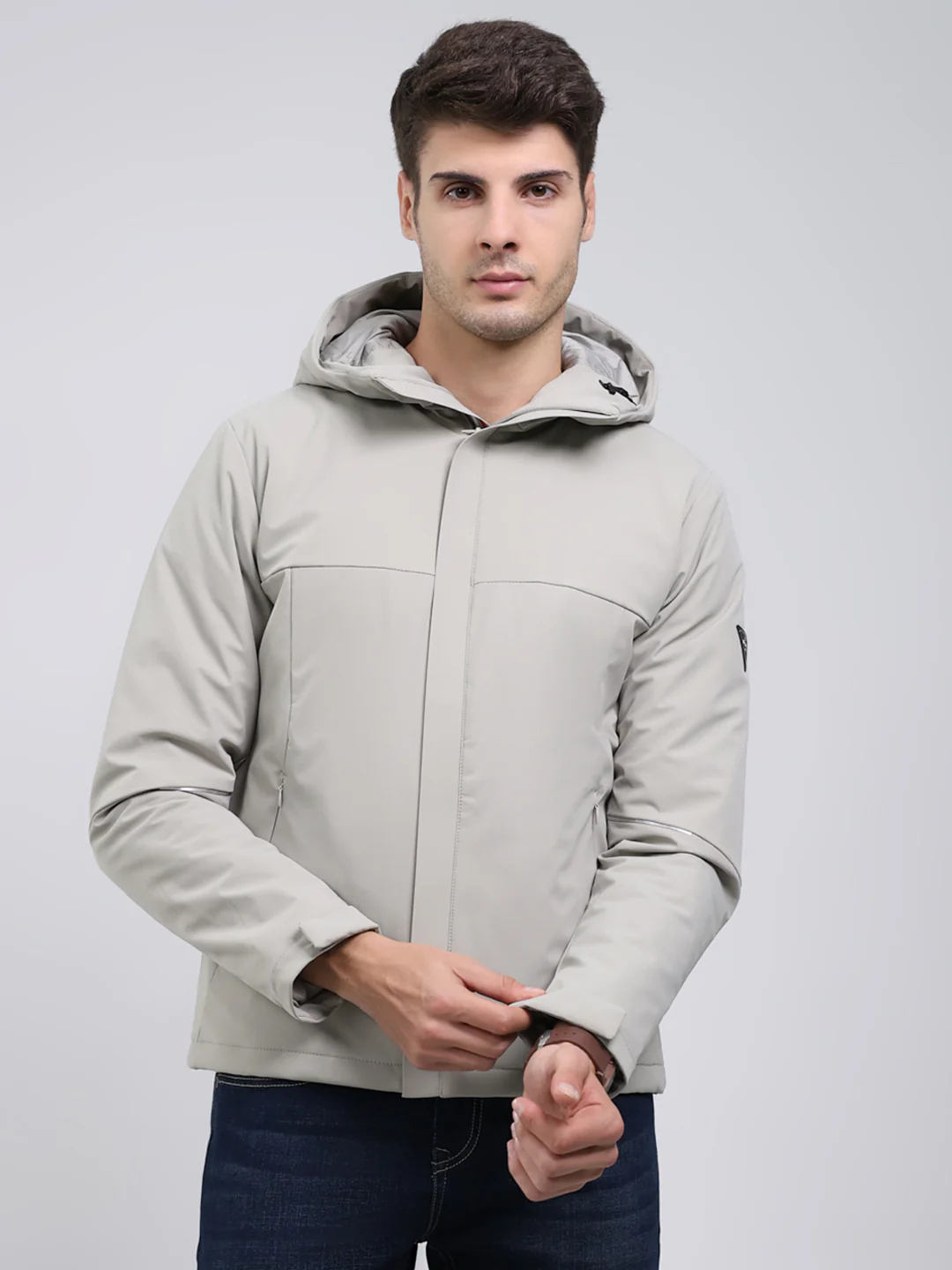 Men Cream Solid Hooded Full Sleeve Jacket