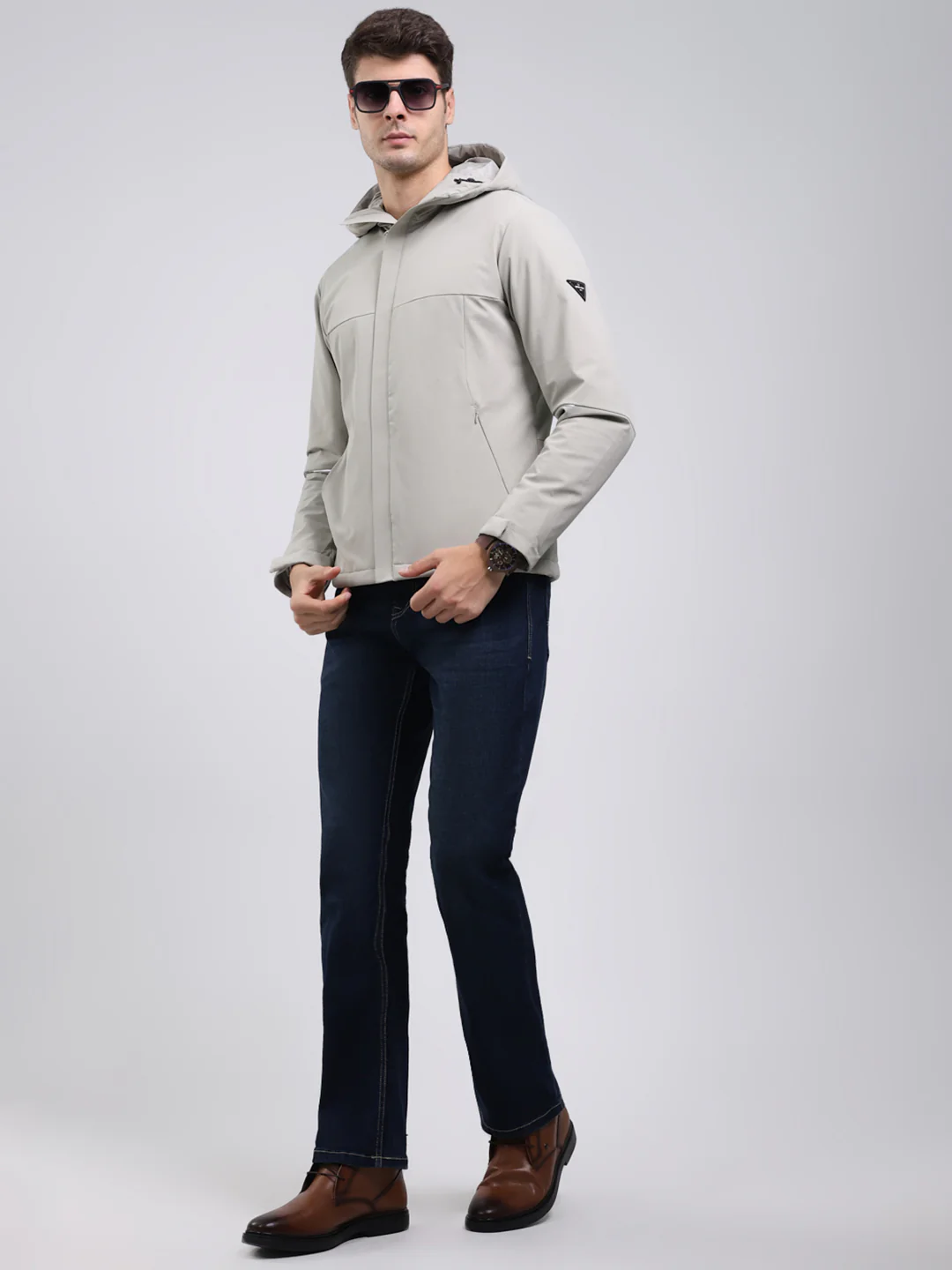 Men Cream Solid Hooded Full Sleeve Jacket - Image 2
