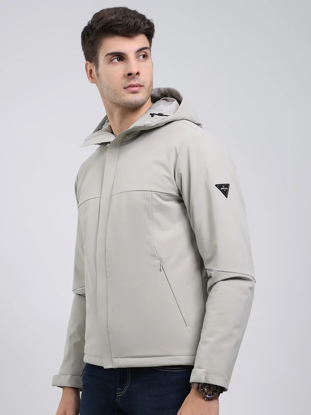 Men Cream Solid Hooded Full Sleeve Jacket - Image 3