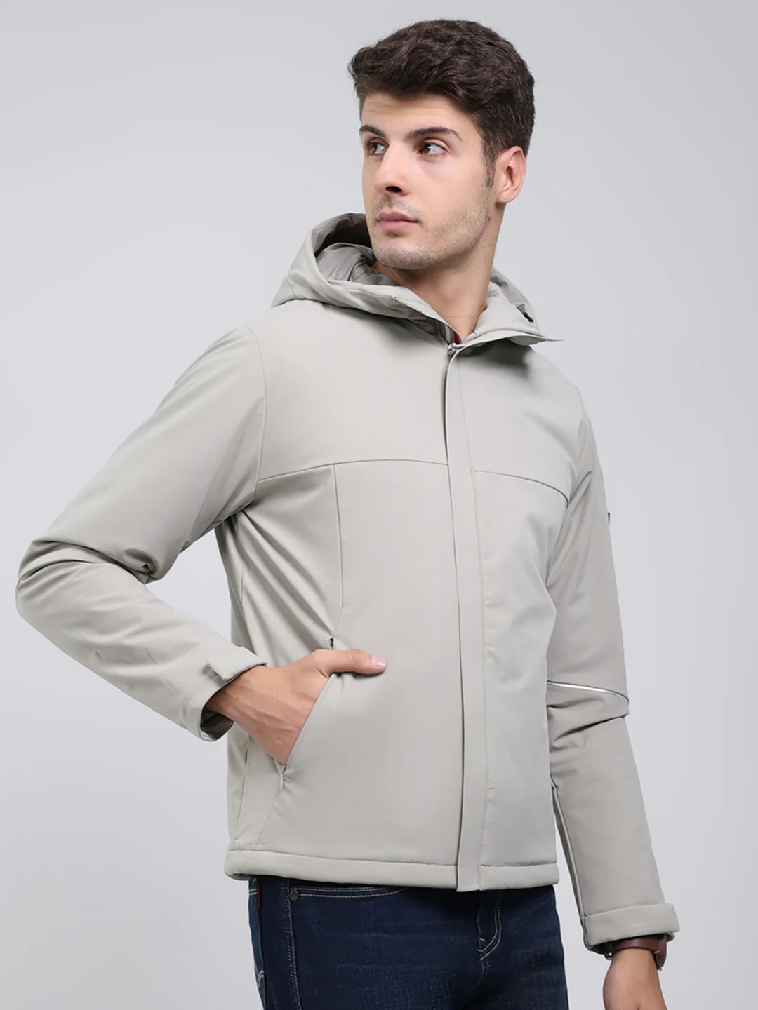Men Cream Solid Hooded Full Sleeve Jacket - Image 4