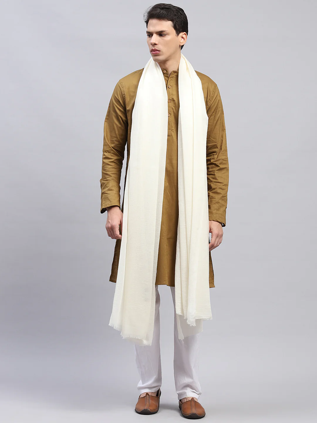 Men Cream Solid Lohi Shawl - Image 6