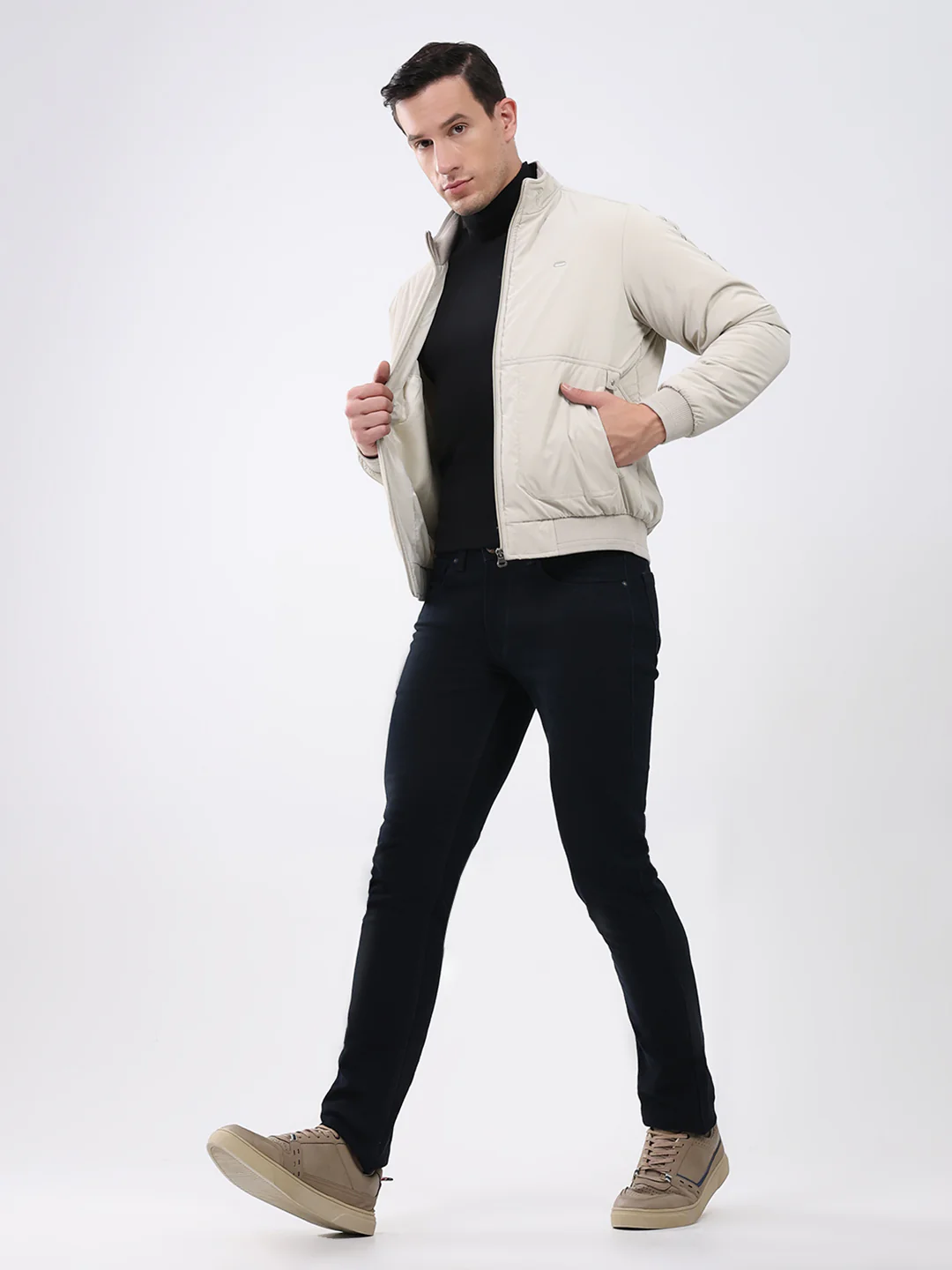 Men Cream Solid Mock Neck Full Sleeve Jacket - Image 2